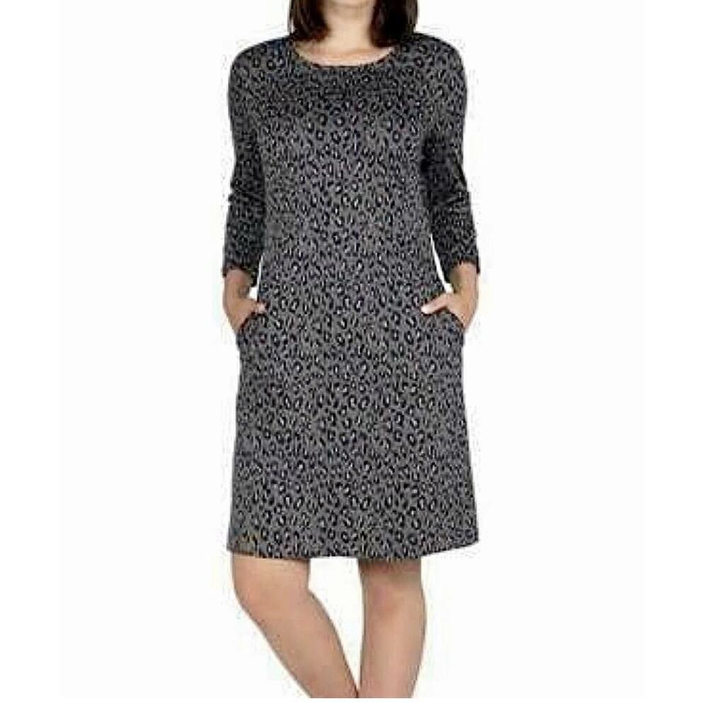 ORIGINAL Nicole Miller Leopard Print Shift Dress L Gray 3/4‎ Sleeve Round Neck